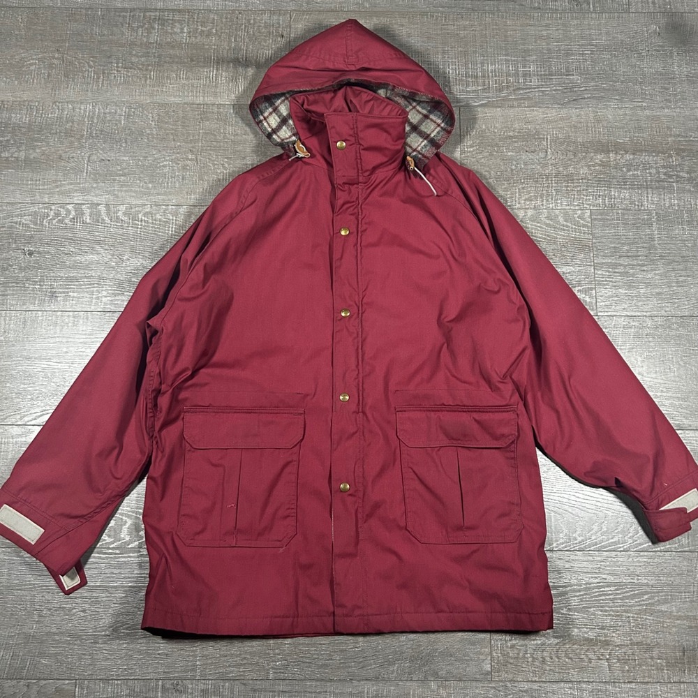 Woolrich Burgundy Plaid Lined Hooded‎ Field Jacket Size XL Mens Winter Warm